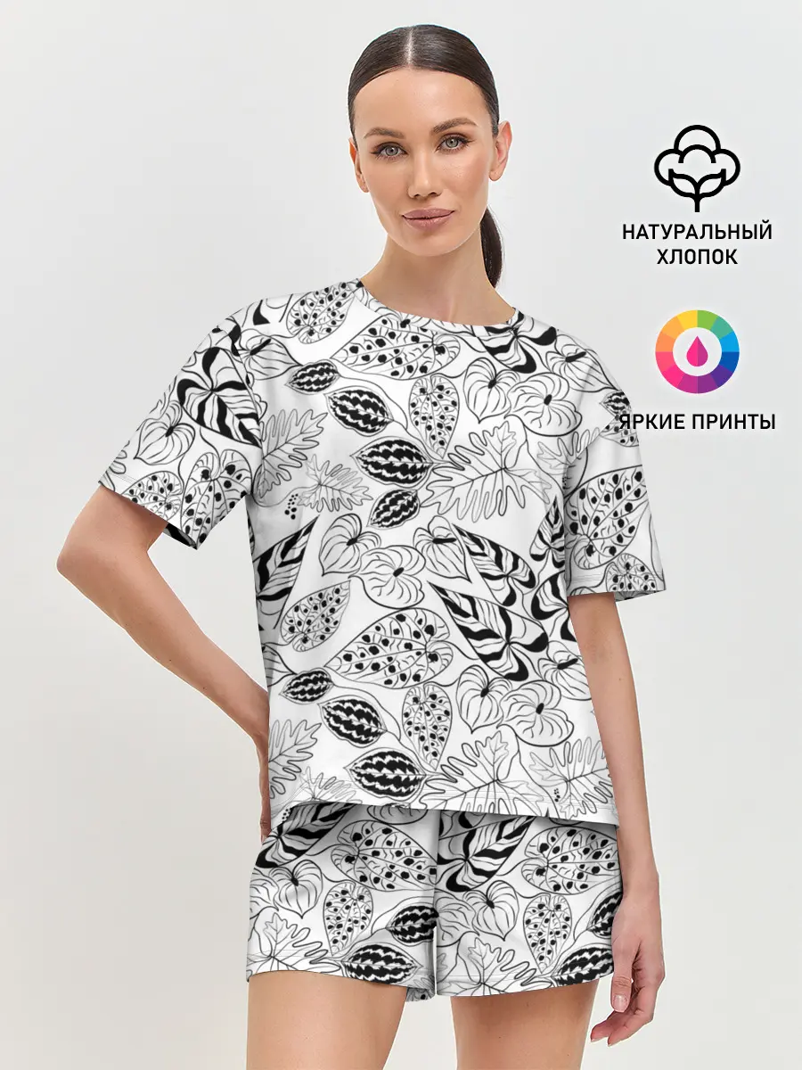 Женская пижама с шортами / Черно-белый узор Тропики