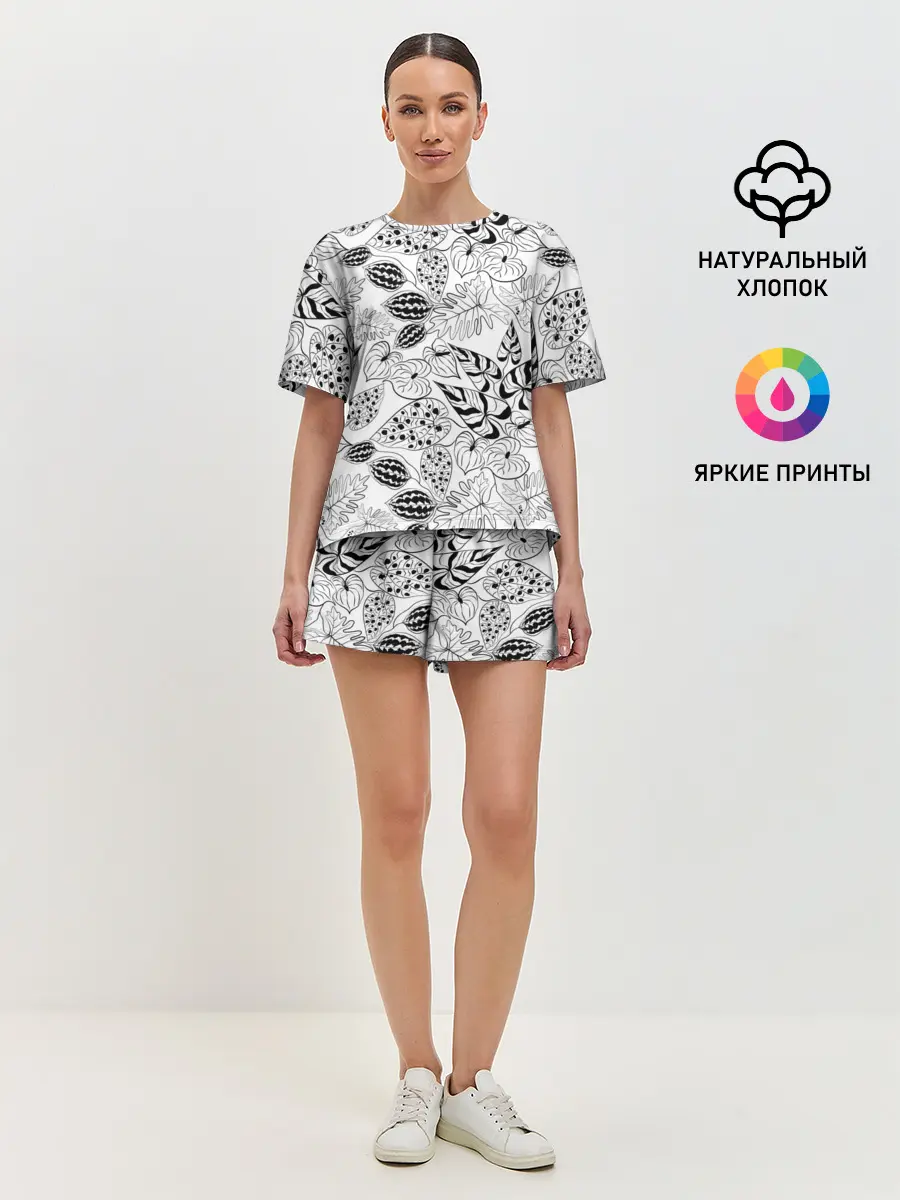 Женская пижама с шортами / Черно-белый узор Тропики