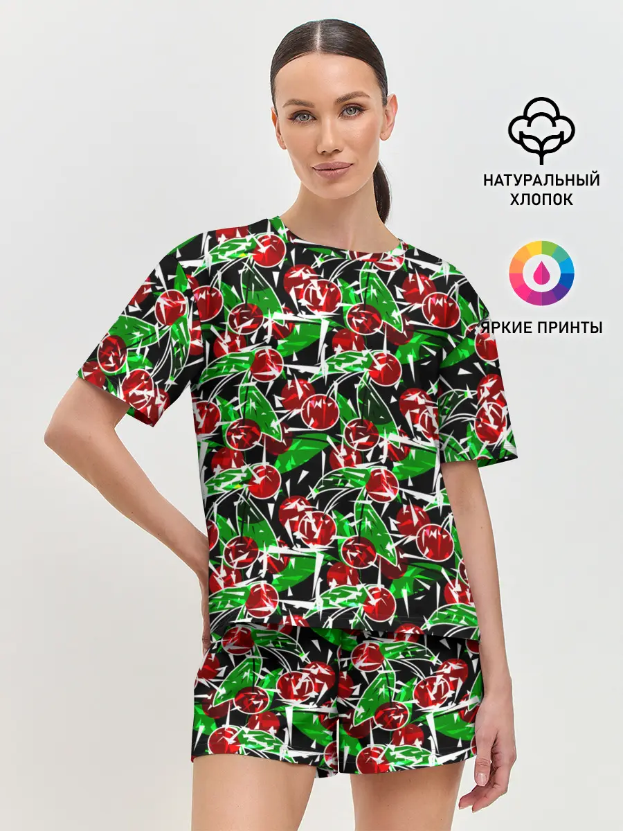 Женская пижама с шортами / Абстрактный узор спелая вишня