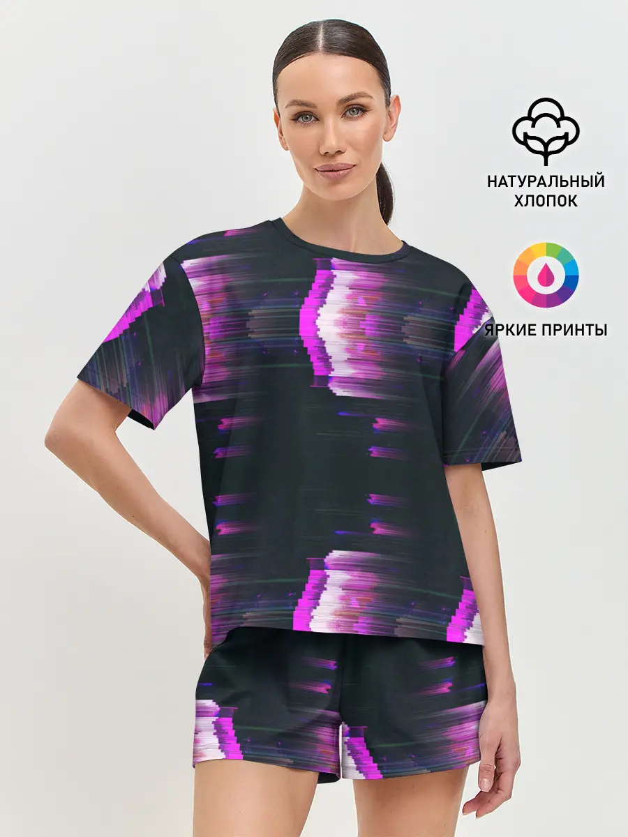 Женская пижама с шортами / Розовый глитч