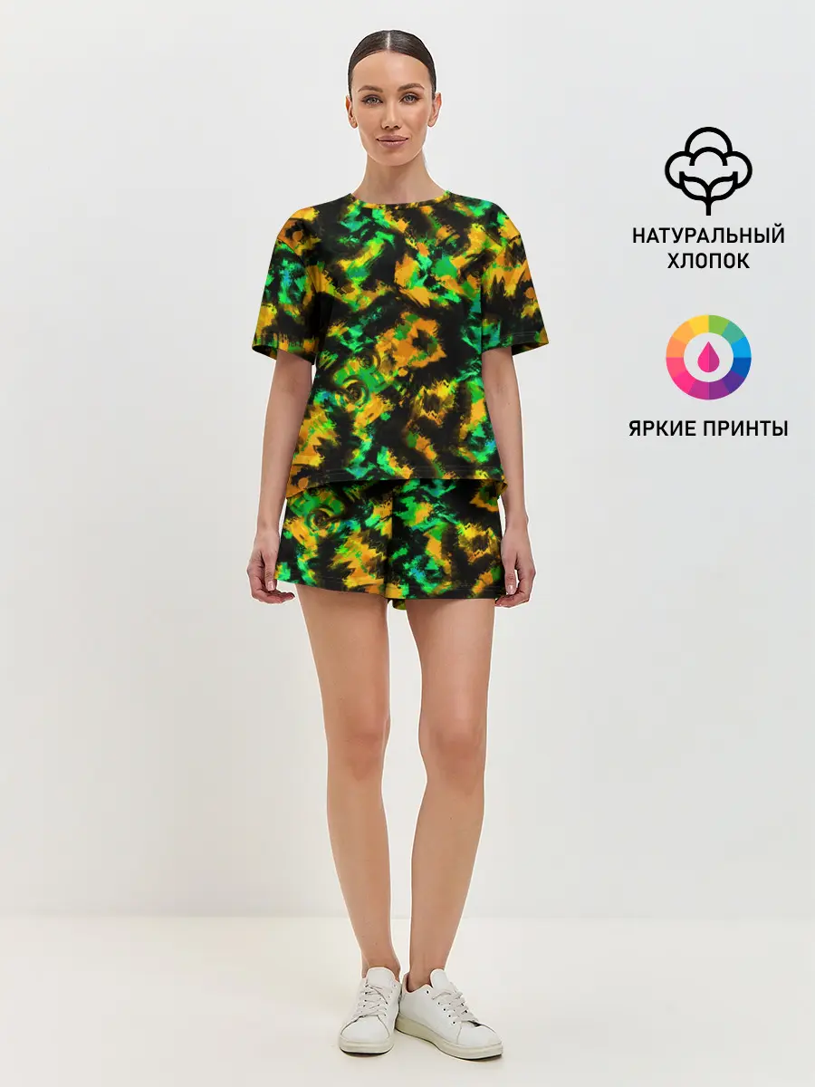 Женская пижама с шортами / Абстрактный желто-зеленый узор
