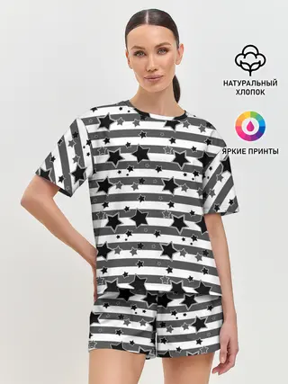 Женская пижама с шортами / Черно-белый полосатый узор