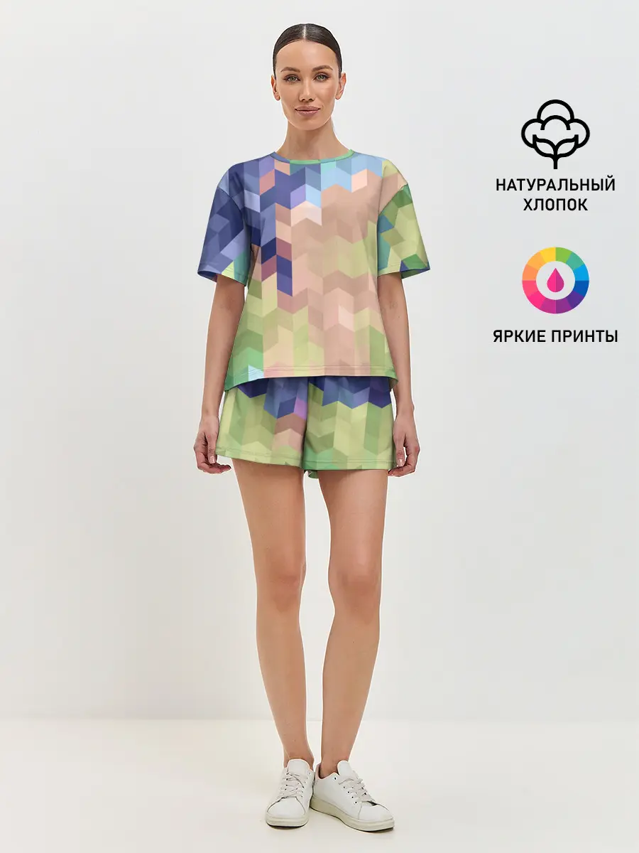 Женская пижама с шортами / Абстрактный бежево-синий узор