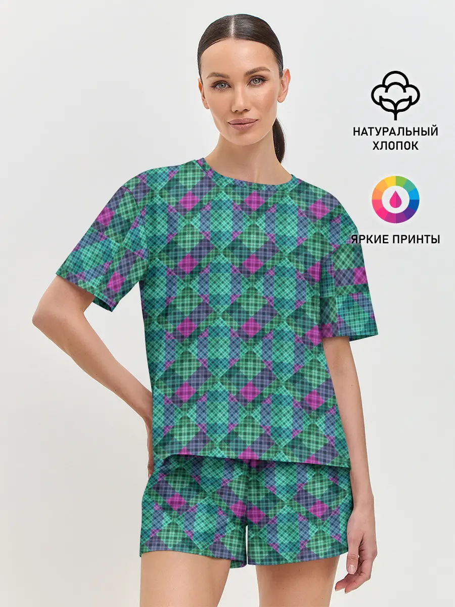 Женская пижама с шортами / Бирюзовый клетчатый узор
