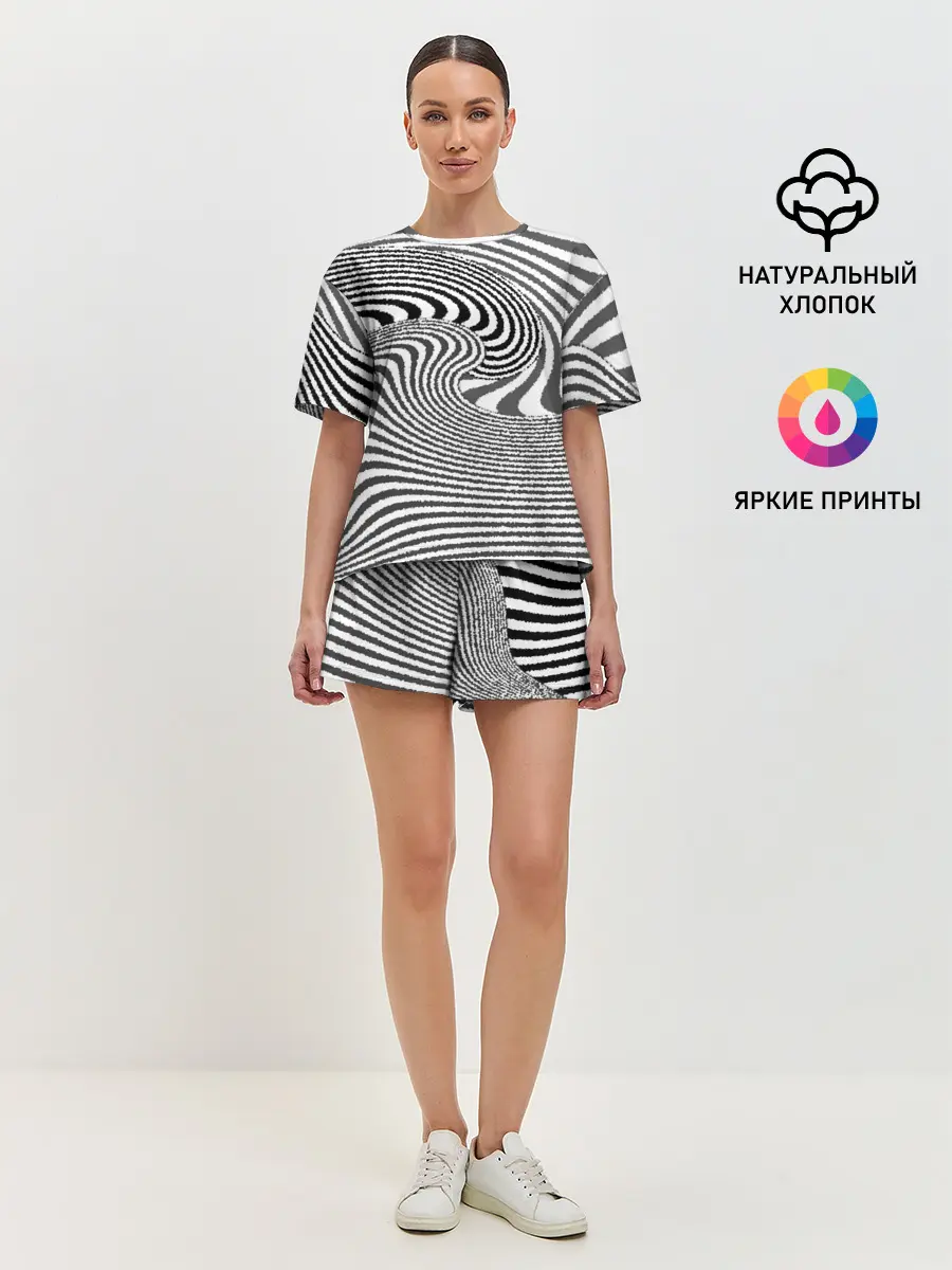 Женская пижама с шортами / Черно белый мозаичный узор