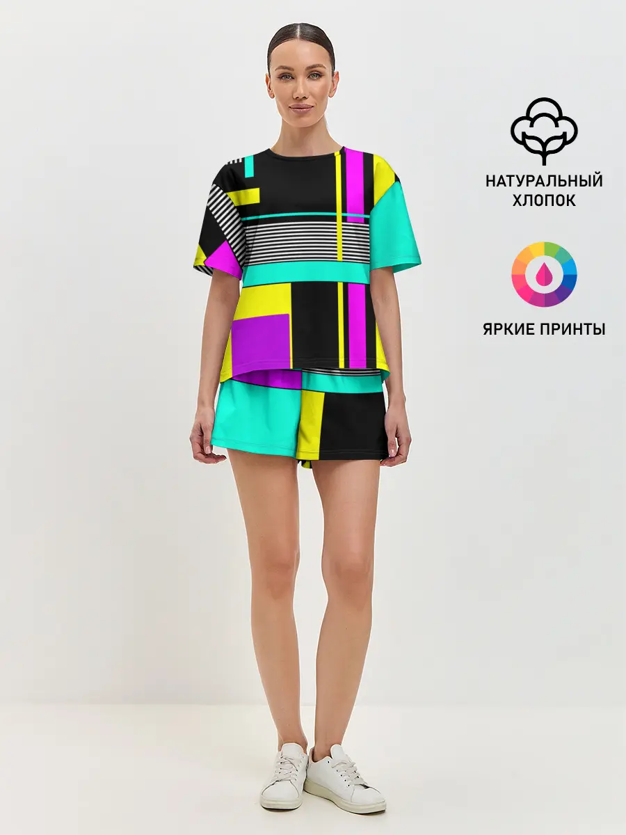 Женская пижама с шортами / Геометрический неоновый узор