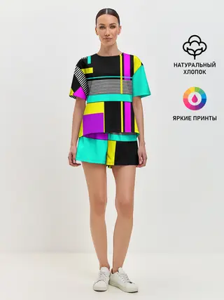 Женская пижама с шортами / Геометрический неоновый узор