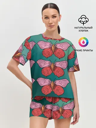 Женская пижама с шортами / Зеленый принт с бабочками :)