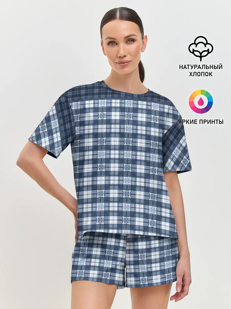 Женская пижама с шортами / Синий узор в клетку