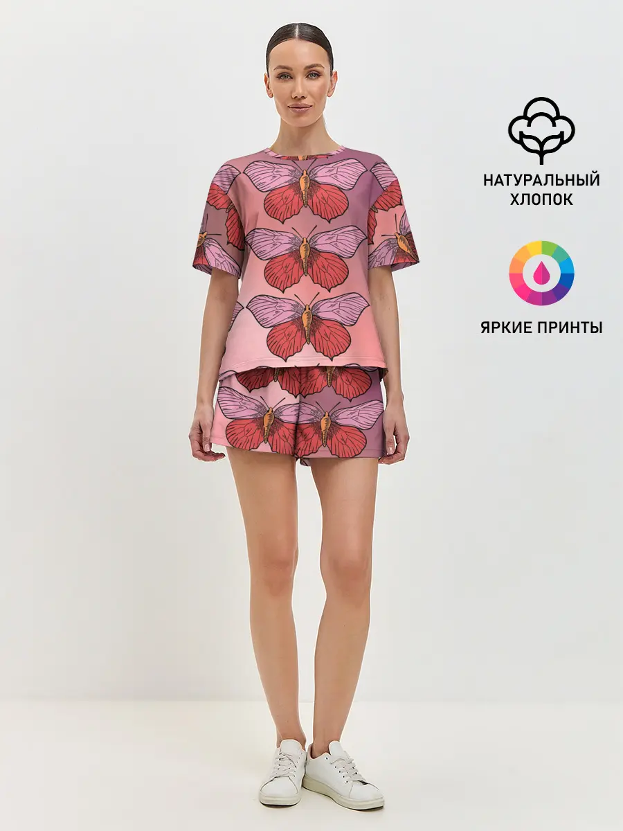 Женская пижама с шортами / Розовый принт с бабочками