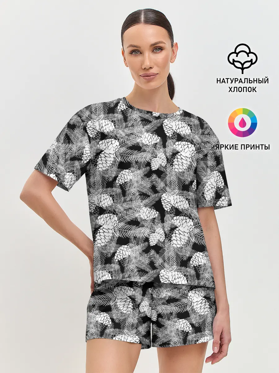 Женская пижама с шортами / Черно-белый узор шишки
