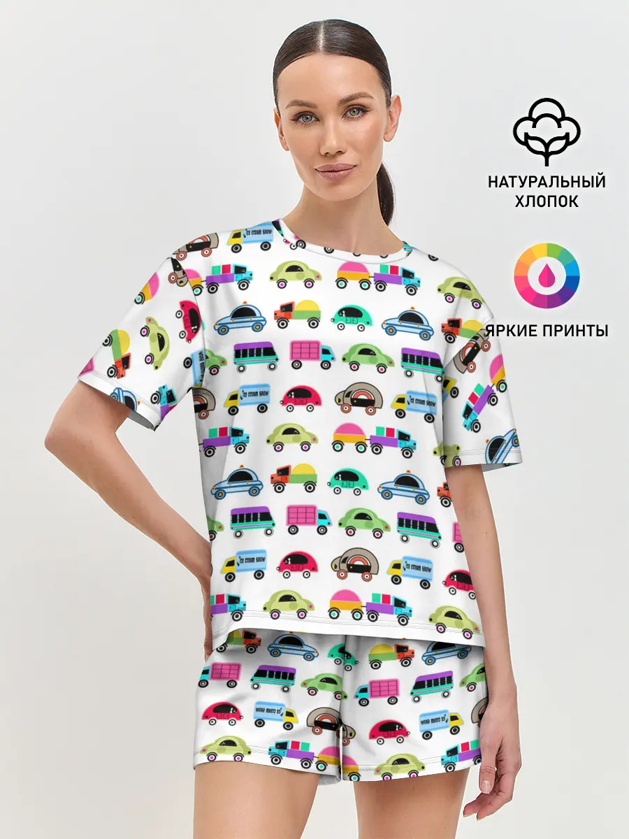 Женская пижама с шортами / Веселые машинки