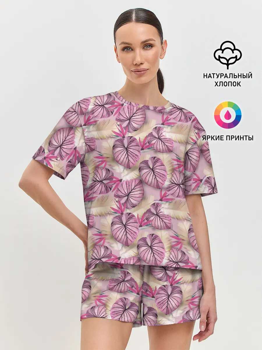 Женская пижама с шортами / Розовый тропический узор