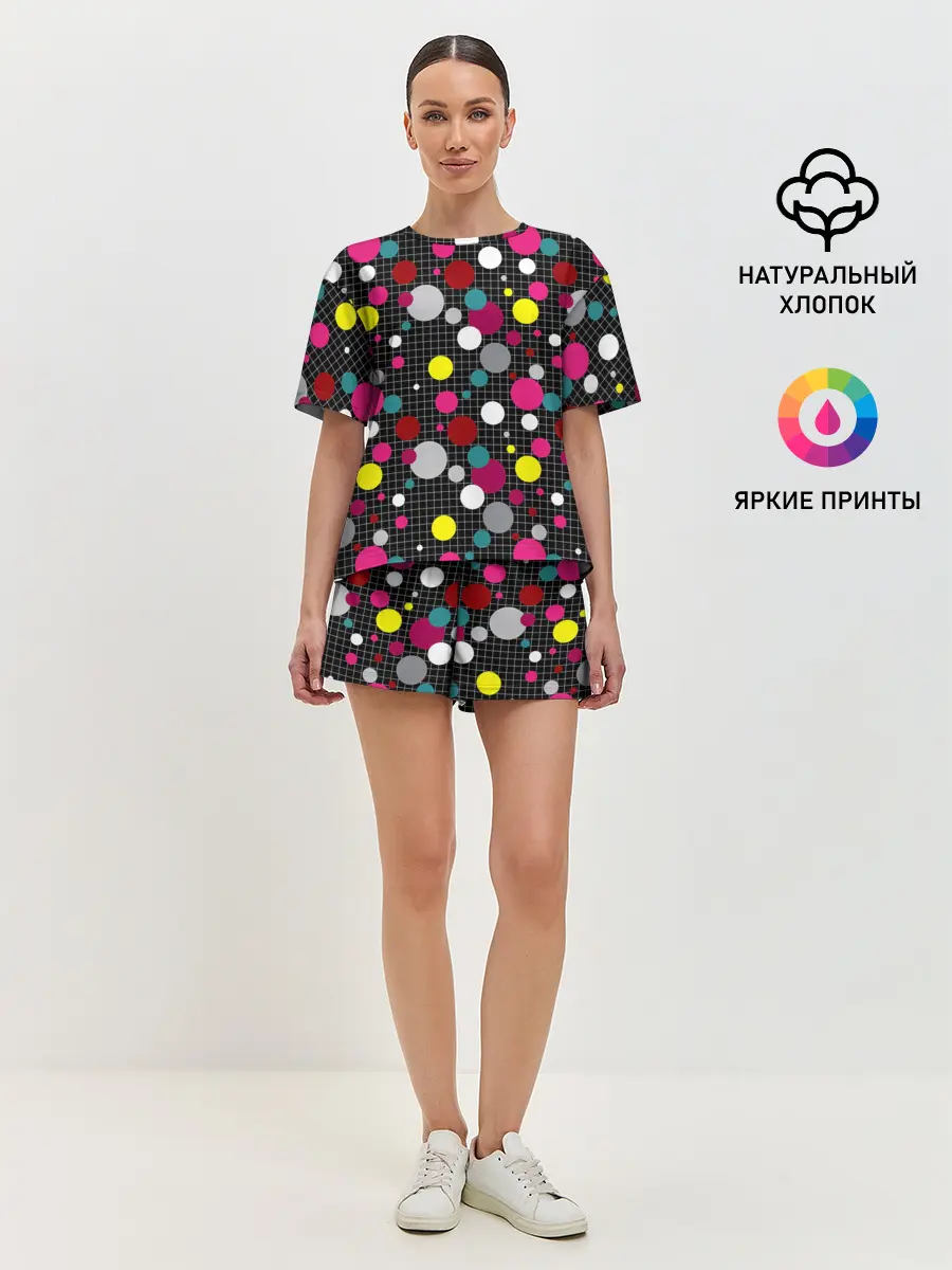 Женская пижама с шортами / Разноцветный горох на черном