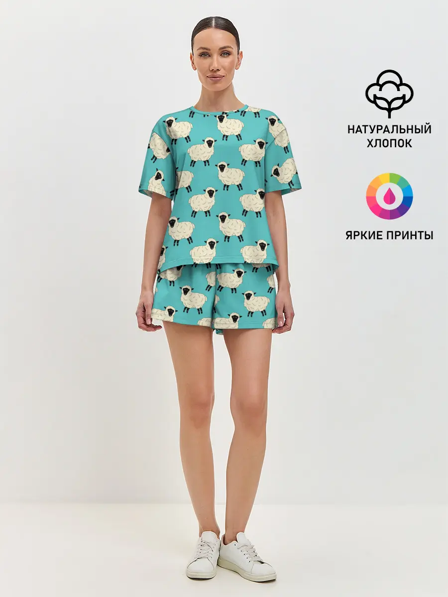 Женская пижама с шортами / Овечки паттерн на бирюзовом
