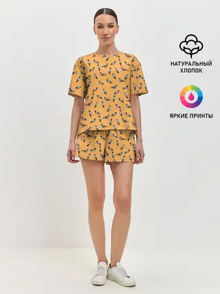 Женская пижама с шортами / Голуби паттерн на желтом