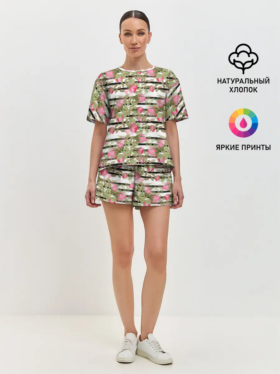 Женская пижама с шортами / Акварельные розы на полосатом