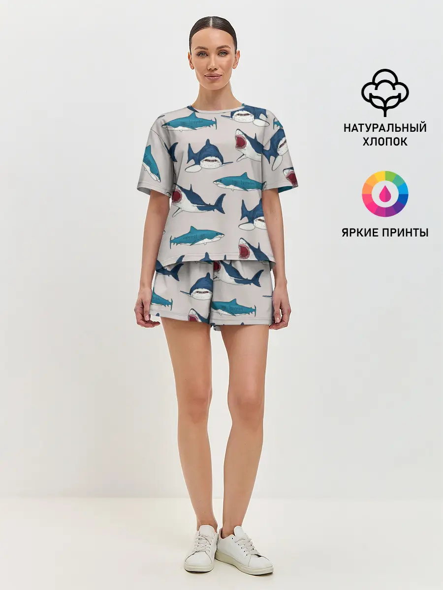 Женская пижама с шортами / Кровожадные акулы паттерн