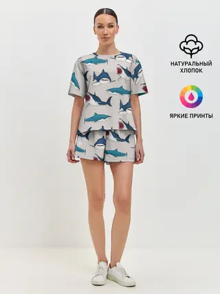 Женская пижама с шортами / Кровожадные акулы паттерн