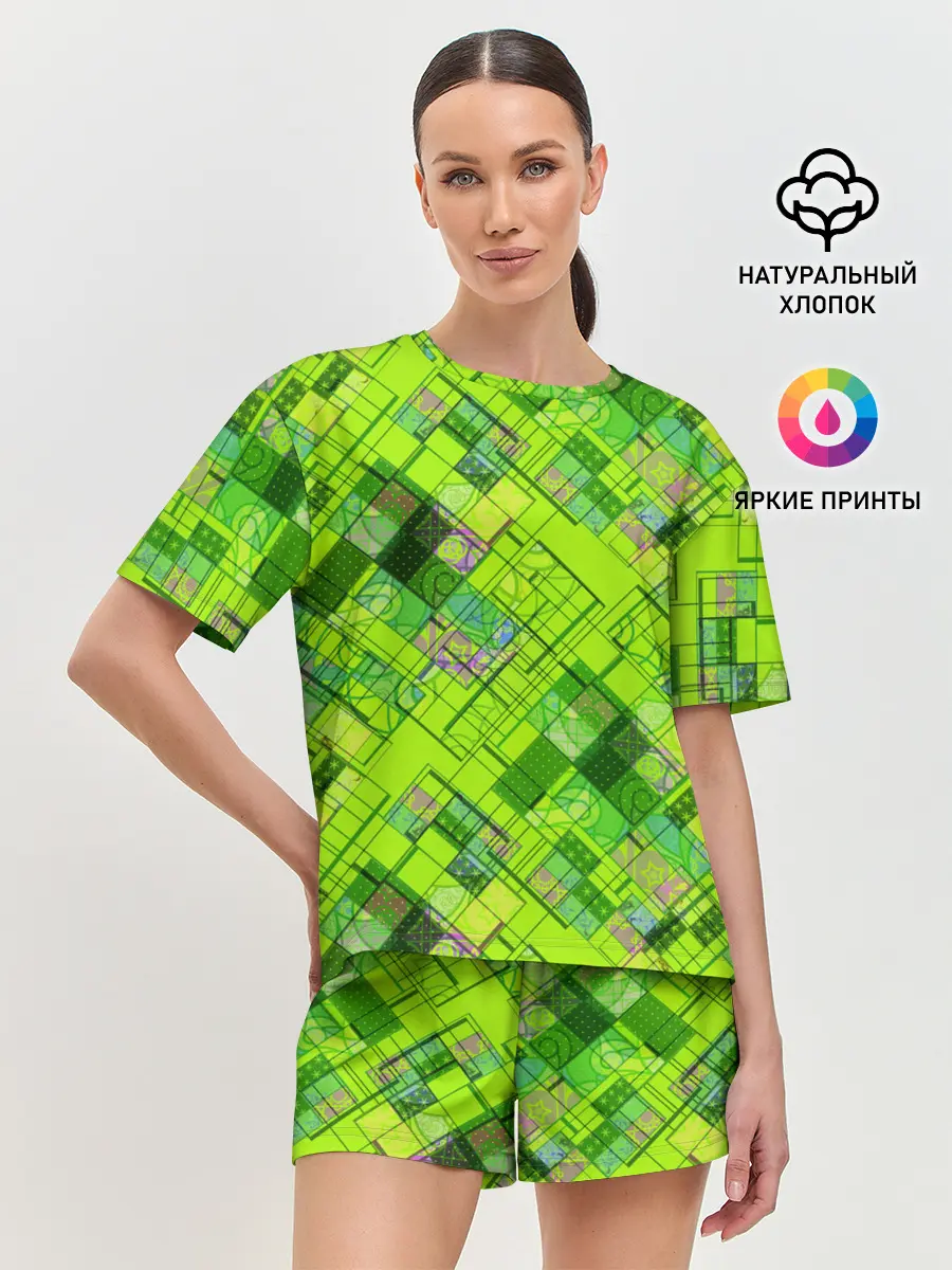 Женская пижама с шортами / Ярко-зеленый абстрактный узор