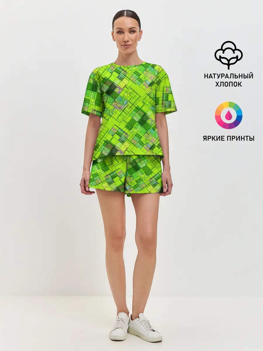 Женская пижама с шортами / Ярко-зеленый абстрактный узор