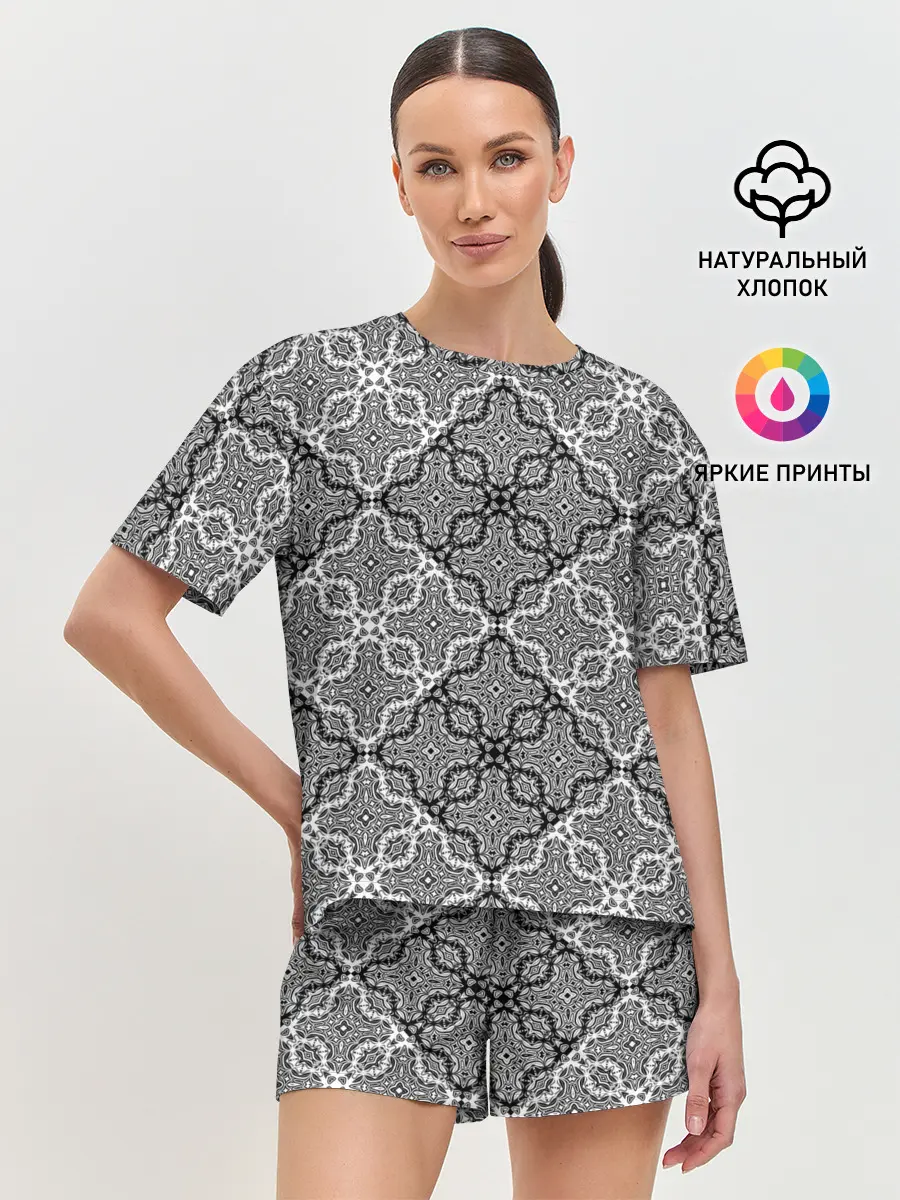 Женская пижама с шортами / Черно-белый орнамент