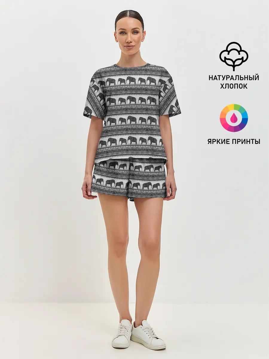 Женская пижама с шортами / Черно-белый узор слоны
