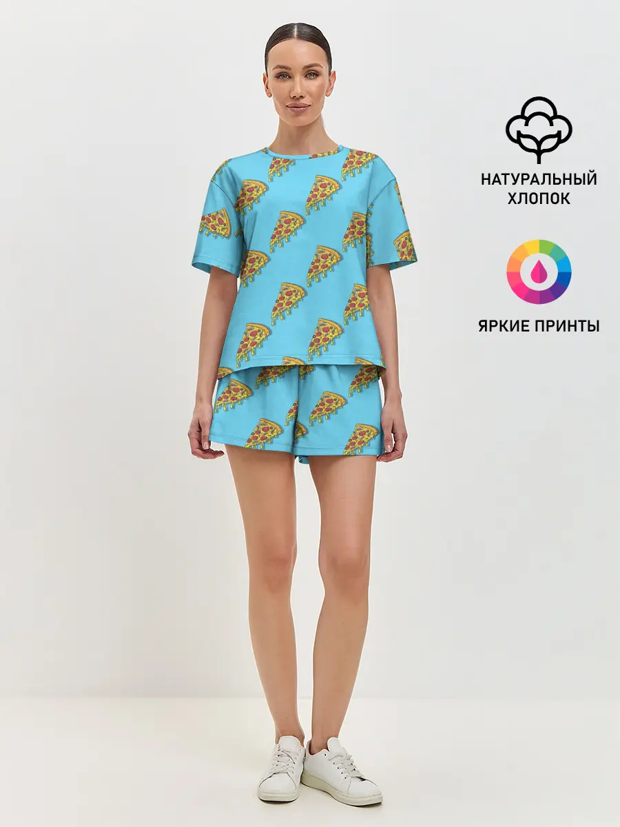 Женская пижама с шортами / Пицца паттерн на голубом