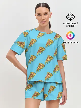 Женская пижама с шортами / Пицца паттерн на голубом