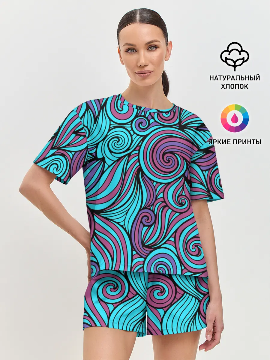 Женская пижама с шортами / Синие листья