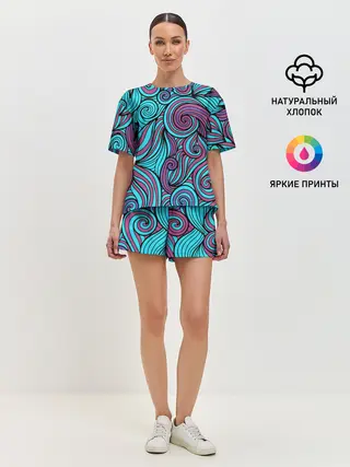 Женская пижама с шортами / Синие листья