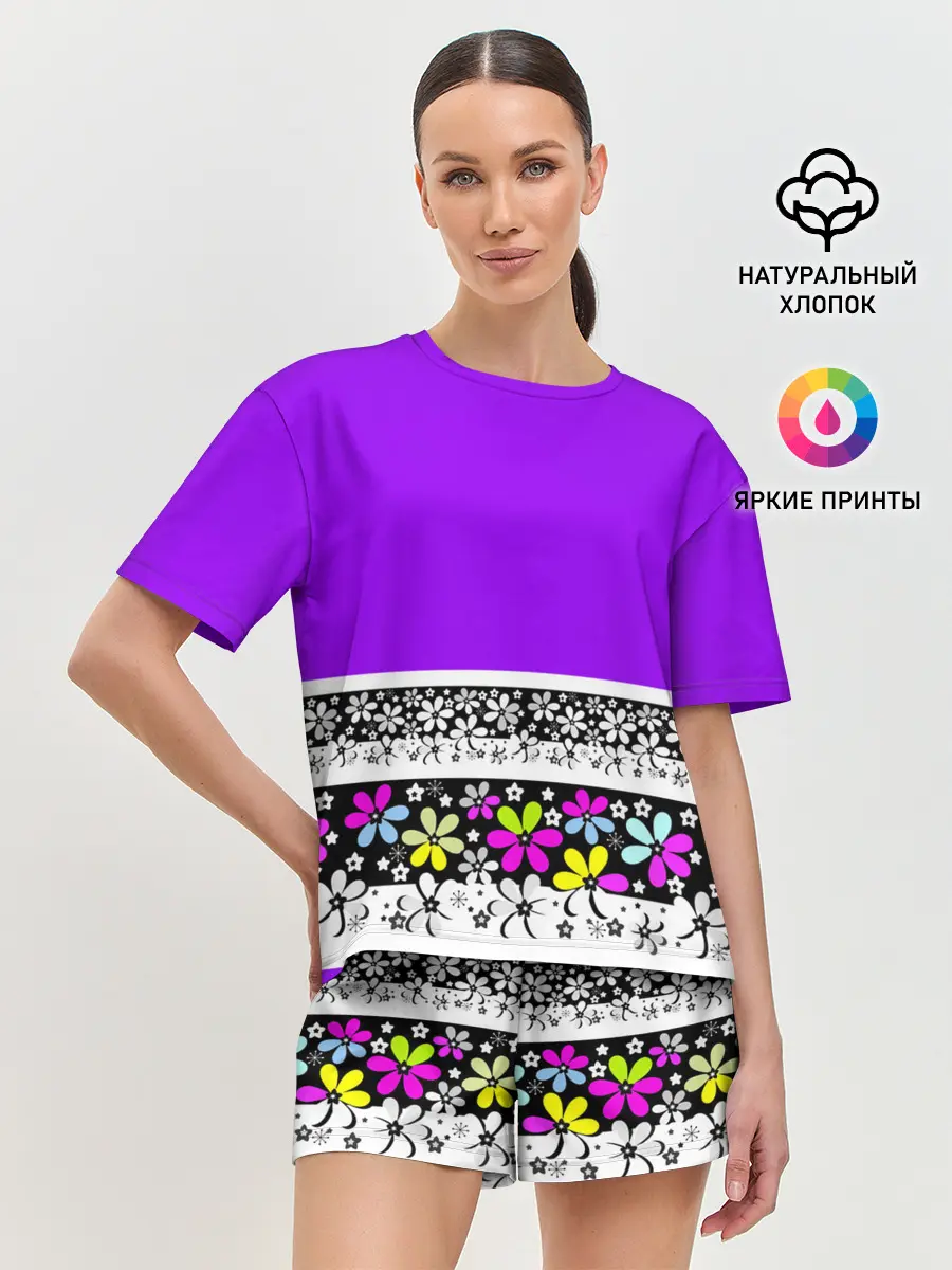Женская пижама с шортами / Яркий фиолетовый цветочный
