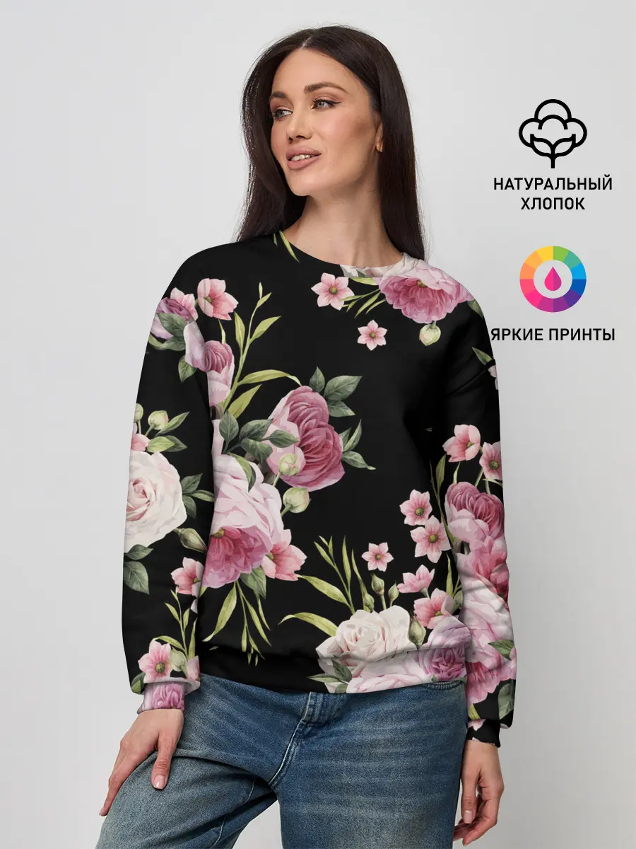 Женский свитшот / Пионы на Чёрном