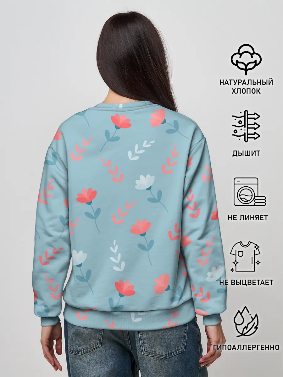 Женский свитшот / Цветочки и листики на голубом