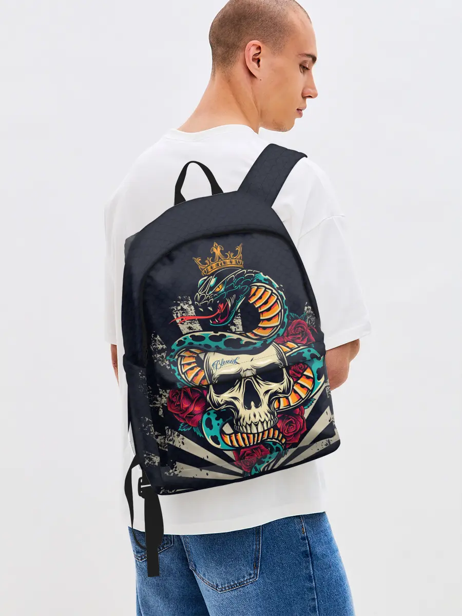 Рюкзак джинсовый / Змея с короной на черепе