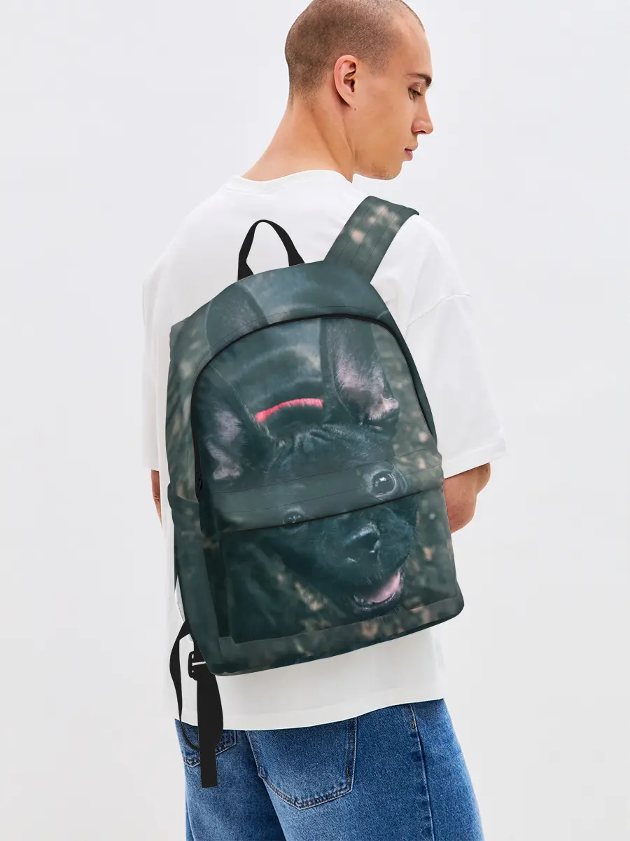 Рюкзак джинсовый / Бульдог морда собакена черного