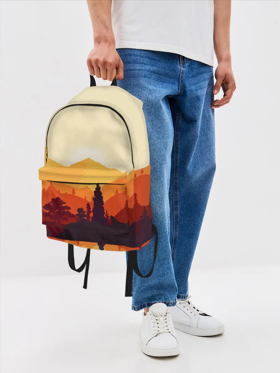 Рюкзак джинсовый / Горы закат пейзаж лиса арт