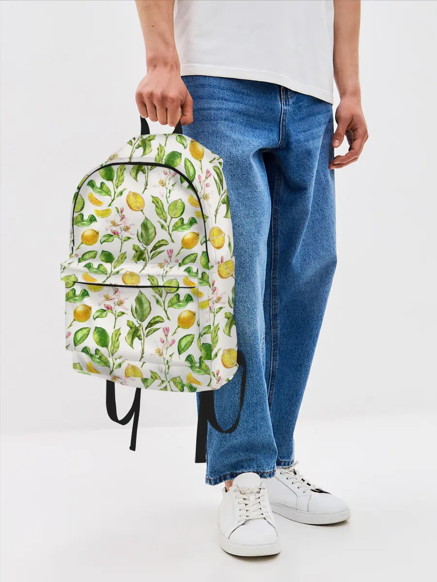 Рюкзак джинсовый / Летний узор лимон ветки листья
