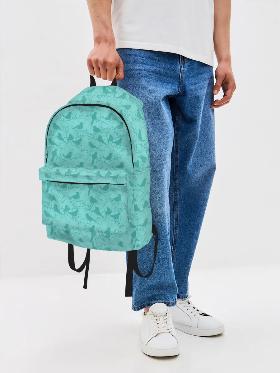Рюкзак джинсовый / Зеленые птицы летний узор