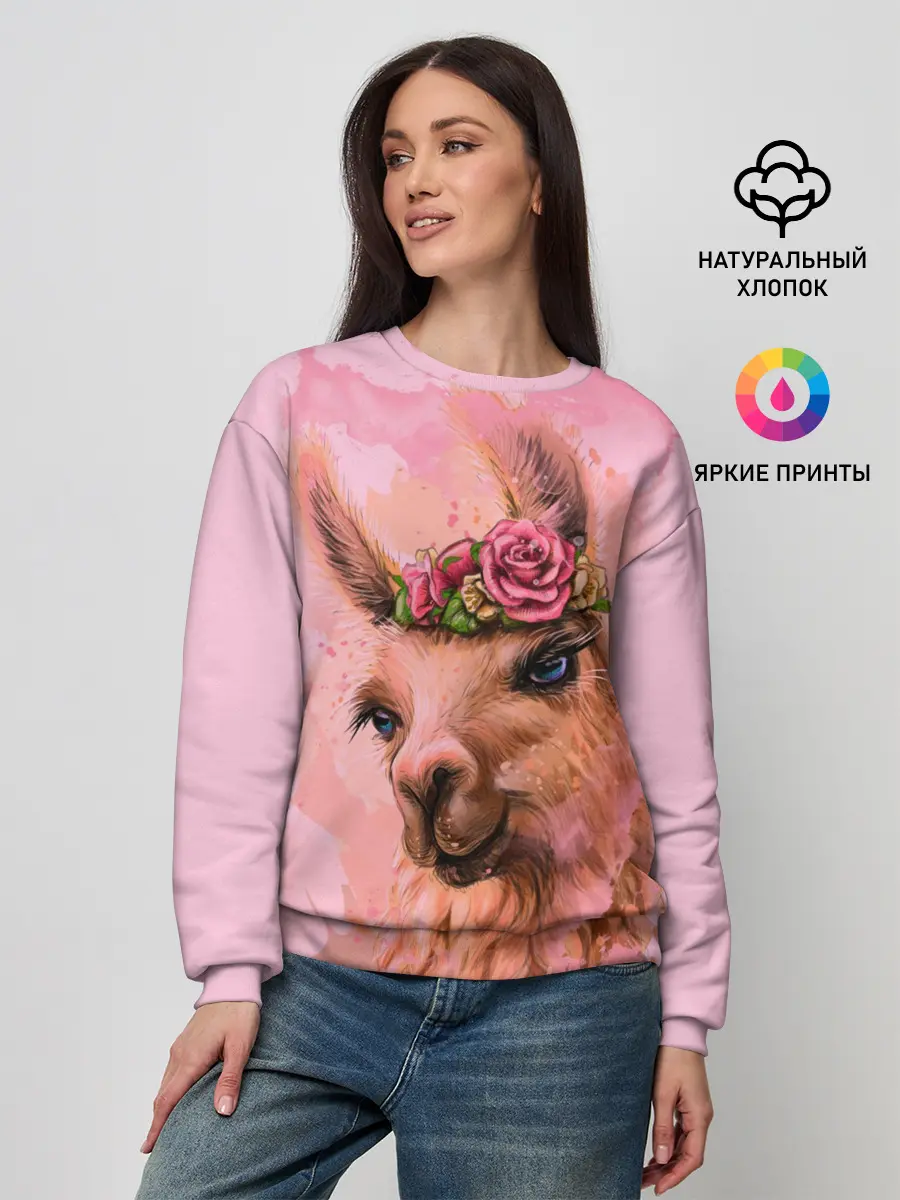 Женский свитшот / лама с цветами