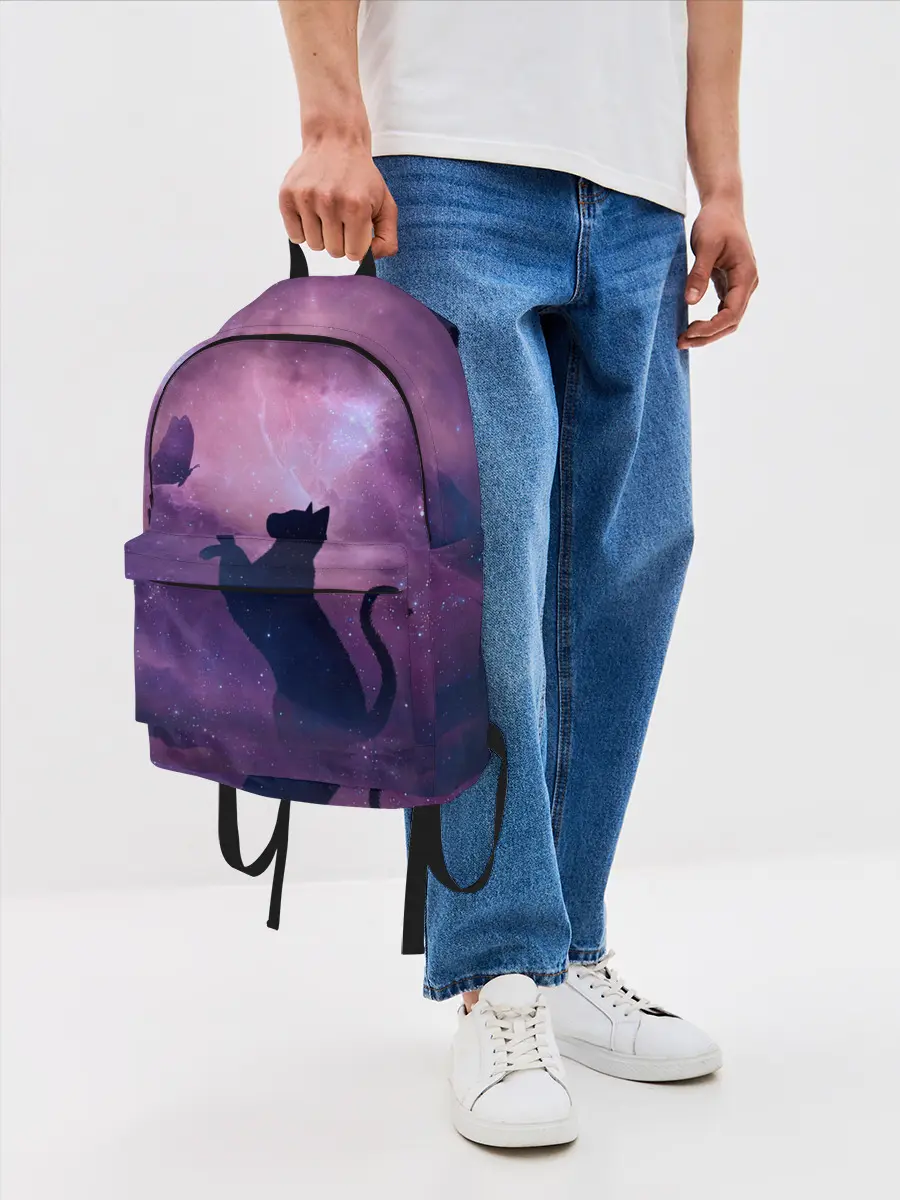 Рюкзак джинсовый / Бабочка кот силуэт фиолетовый