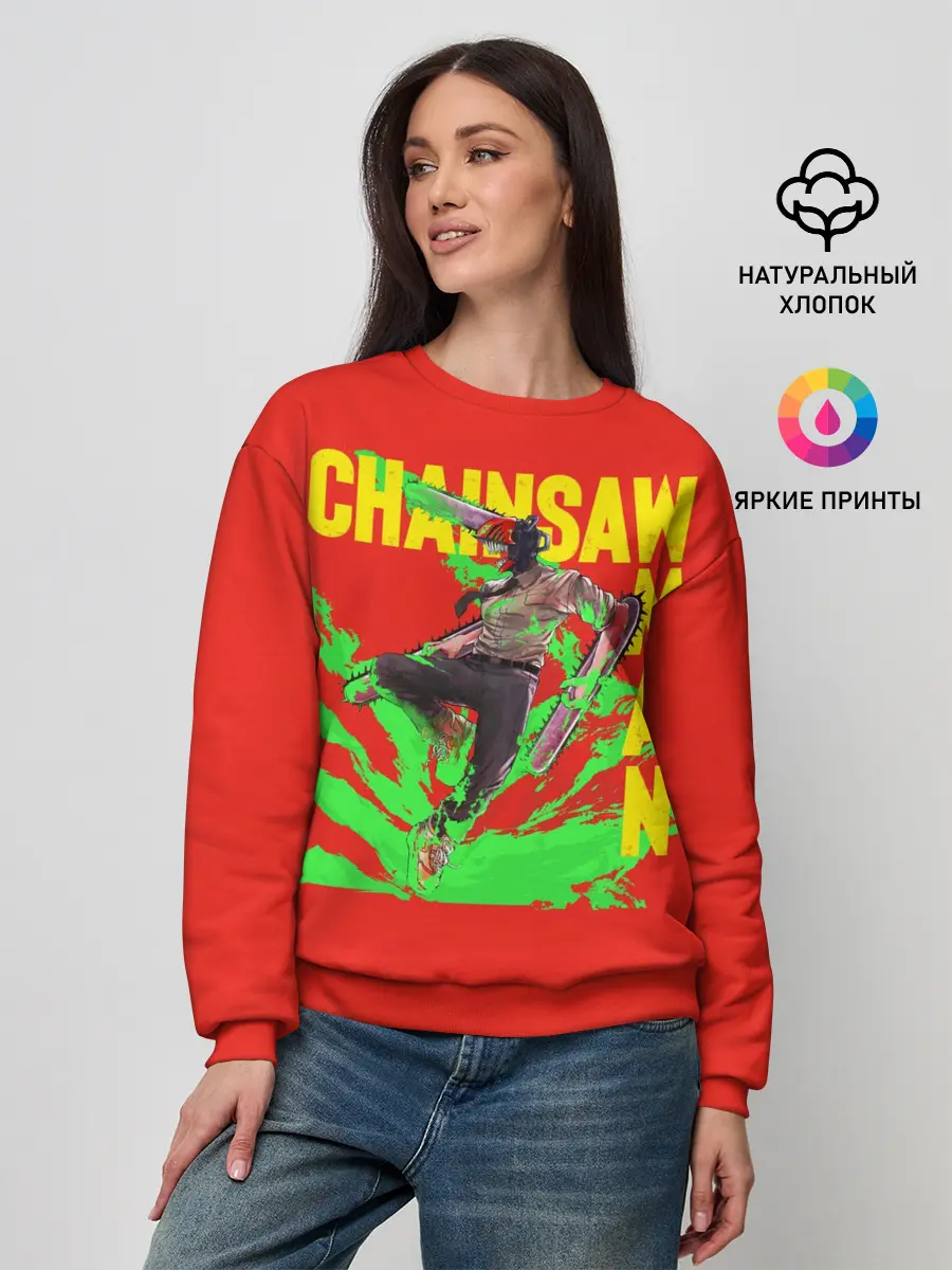 Женский свитшот / Человек-Бензопила с логотипом на красном