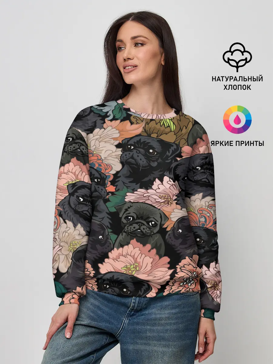 Женский свитшот / Мопсы и Цветы