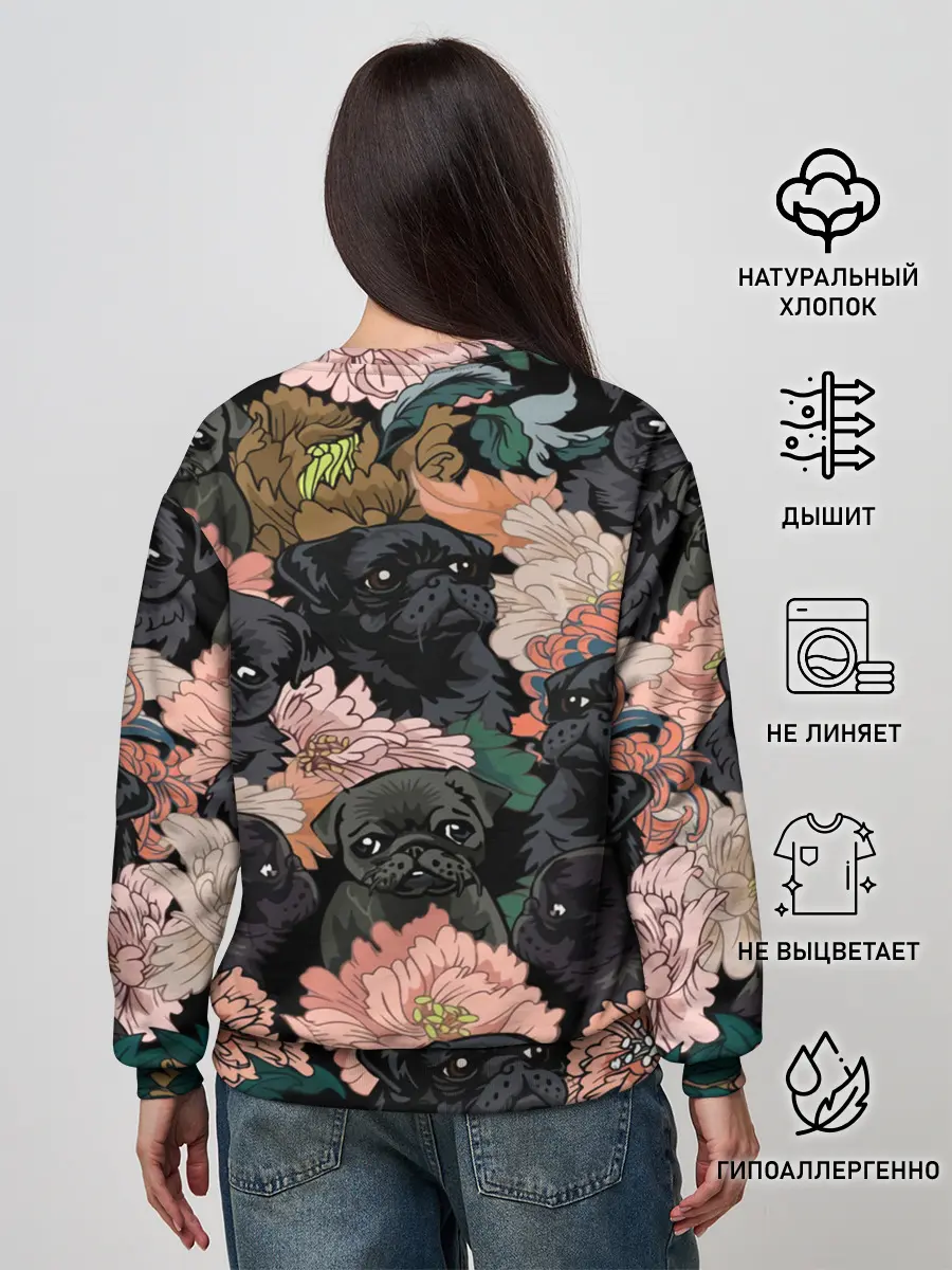 Женский свитшот / Мопсы и Цветы