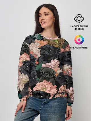 Женский свитшот / Мопсы и Цветы