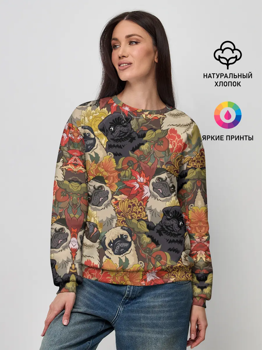 Женский свитшот / Мопсики | Цветочки