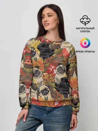 Женский свитшот / Мопсики | Цветочки