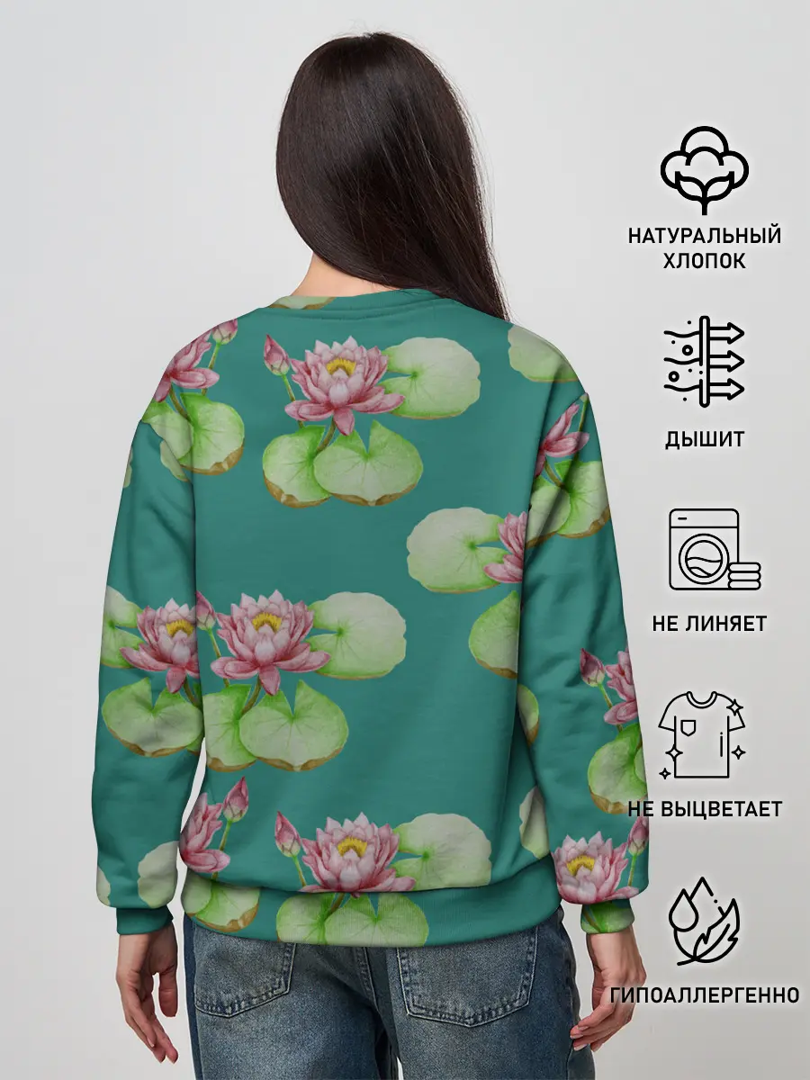 Женский свитшот / Лотосы на темно бирюзовом фоне