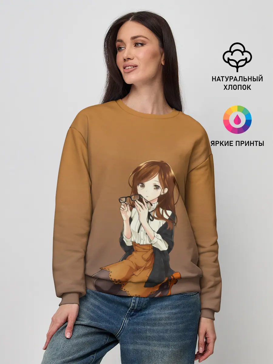 Женский свитшот / анимешная девочка очки офис