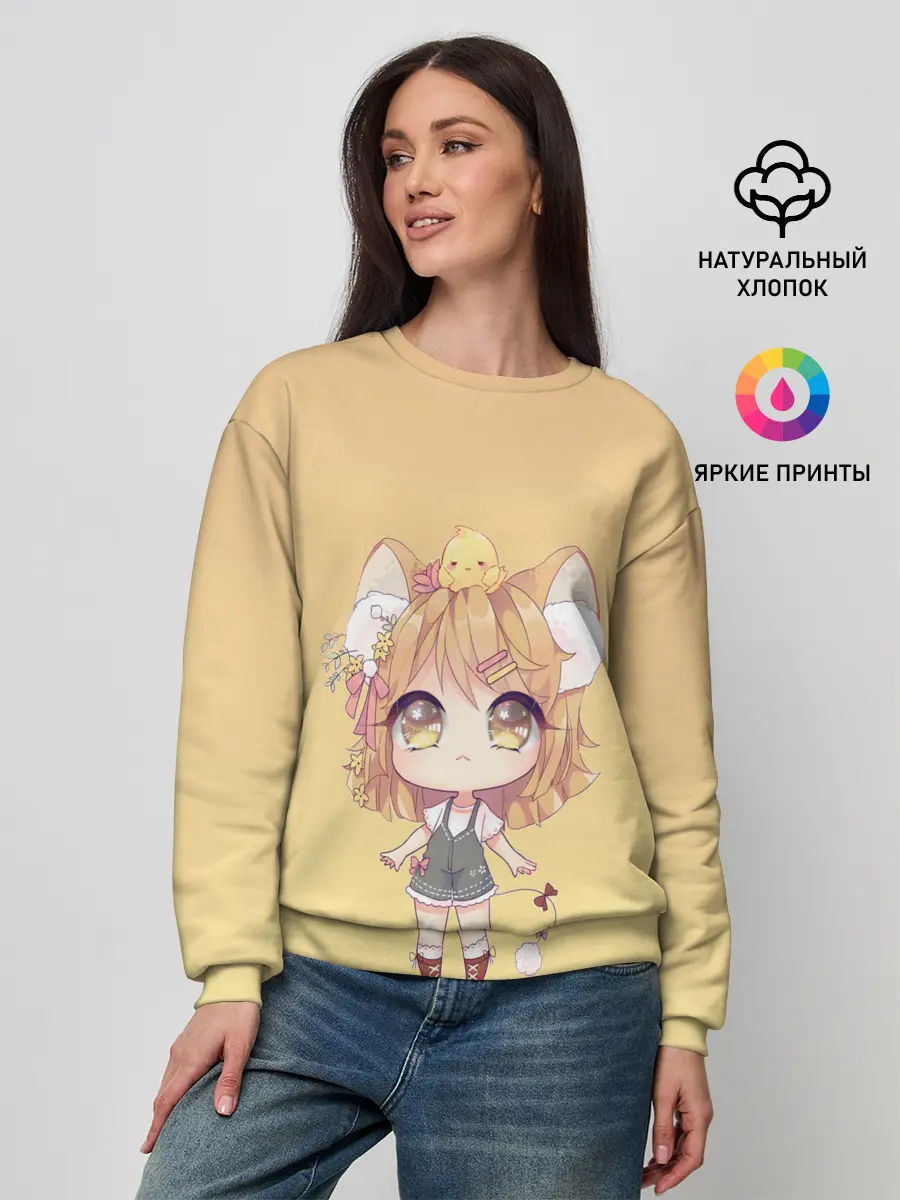 Женский свитшот / малышка чиби и цыпленок